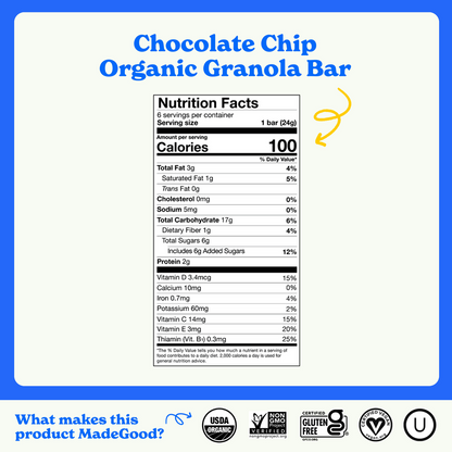 MadeGood Organic Chocolate Chip Granola Bars, 6 Count, 5.1 oz