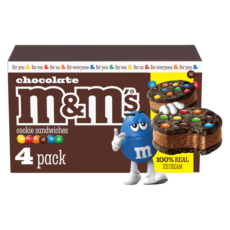 M&M'S Ice Cream Chocolate Cookie Sandwiches, Reduced Fat Chocolate Ice Cream Dessert Cookie Sandwich, 4ct