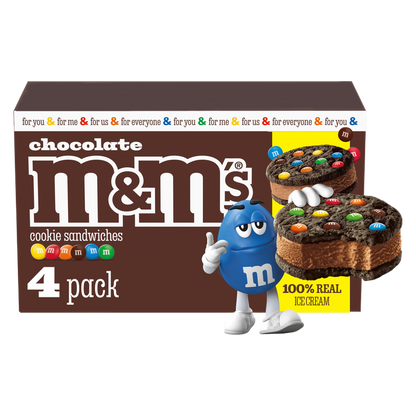 M&M'S Ice Cream Chocolate Cookie Sandwiches, Reduced Fat Chocolate Ice Cream Dessert Cookie Sandwich, 4ct