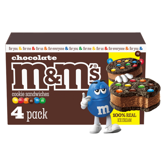 M&M'S Ice Cream Chocolate Cookie Sandwiches, Reduced Fat Chocolate Ice Cream Dessert Cookie Sandwich, 4ct