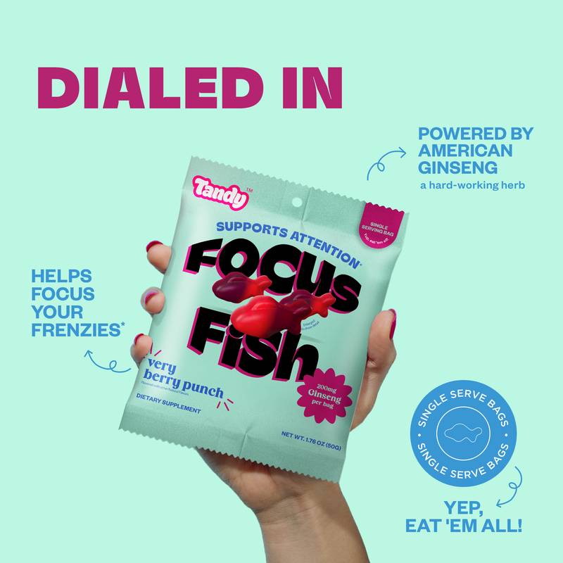 Tandy Focus Fish, Fruit Punch Flavored Gummies with American Ginseng, 1.8oz