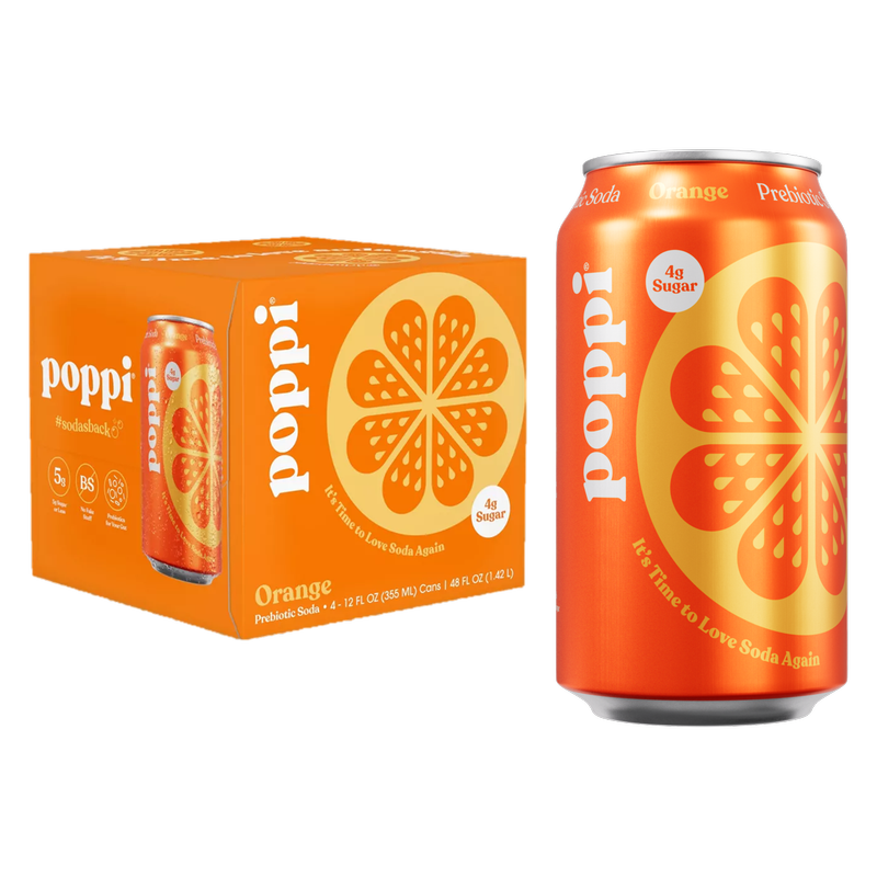 Poppi Prebiotic Soda Orange 4pk 12oz Can- XL