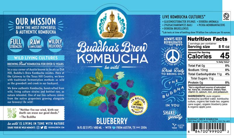 Buddha's Brew Blueberry Kombucha 16oz Glass Bottle