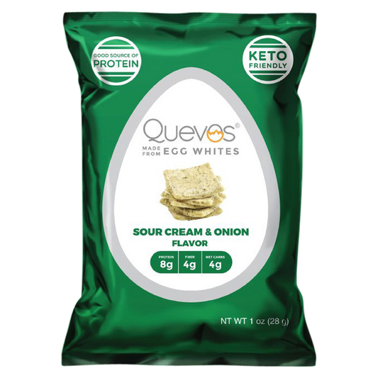 Quevos Sour Cream and Onion Egg White Chips 1oz Bag