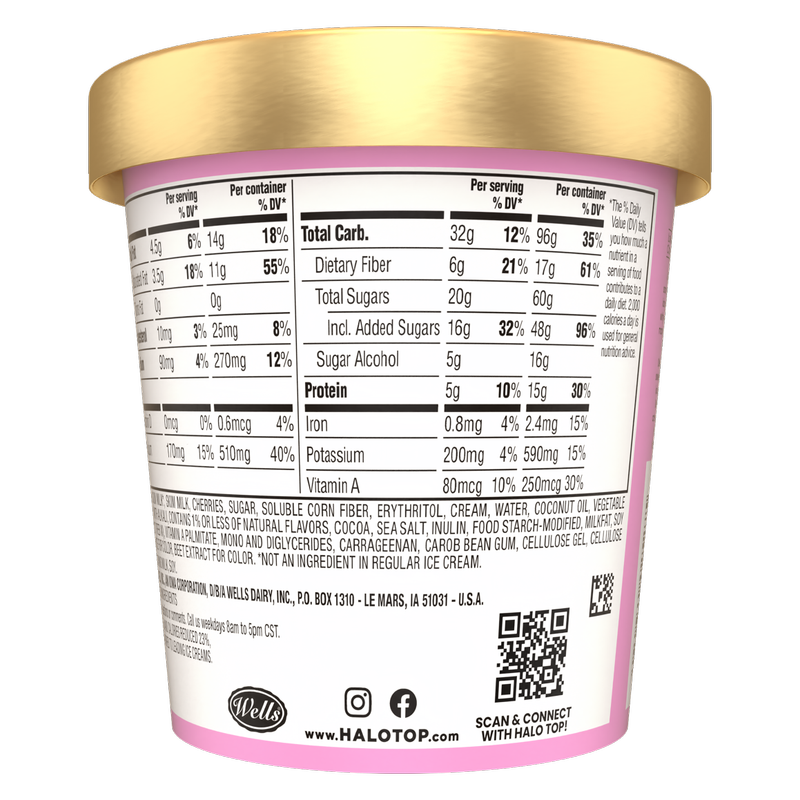 Halo Top Cherry Chocolate Chip Chunk Light Ice Cream, Lower Calorie Frozen Dessert Pint, 16 fl oz