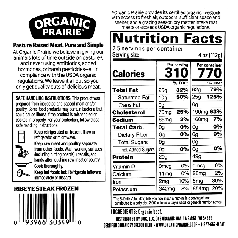 Organic Prairie Frozen Ribeye Steak - 10oz