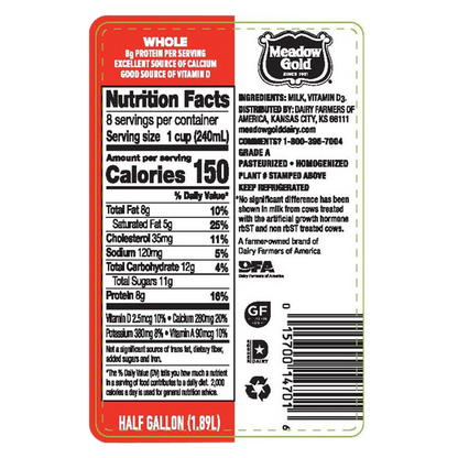 Meadow Gold Whole Vitamin D Milk - 1/2 gallon