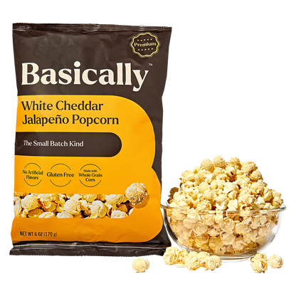 Basically Premium White Cheddar Jalapeño Small Batch Popcorn 6 oz.
