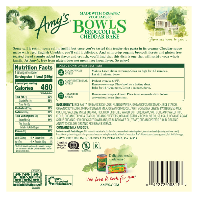 Amy's Frozen Bowls Broccoli and Cheddar Bake 9.5oz