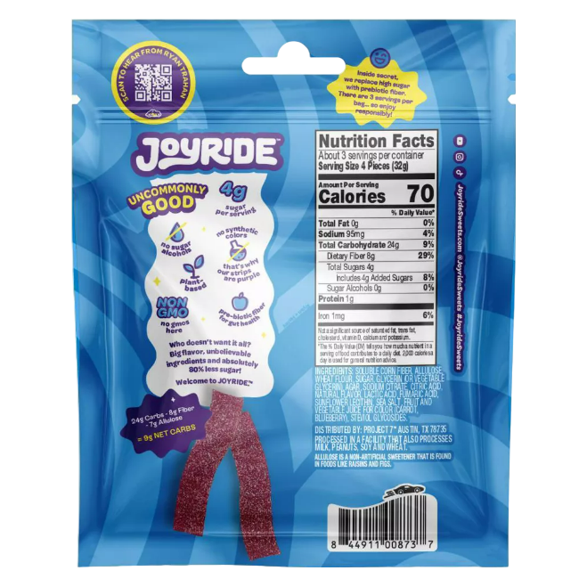 JOYRIDE Sour Blue Raspberry Strips, 3.5oz