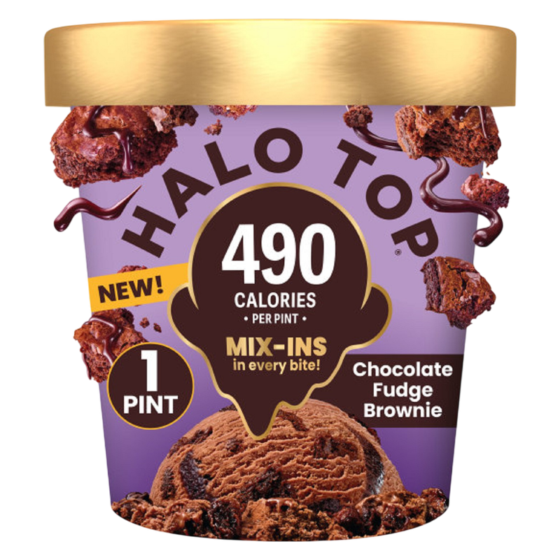 Halo Top Chocolate Fudge Brownie Light Ice Cream, Lower Calorie Frozen Dessert Pint, 16 fl oz