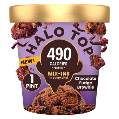 Halo Top Chocolate Fudge Brownie Light Ice Cream, Lower Calorie Frozen Dessert Pint, 16 fl oz