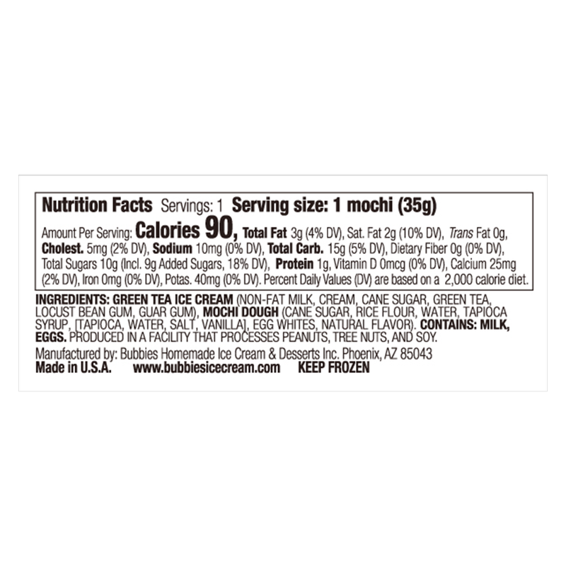 Bubbies Hawaii Green Tea Mochi Ice Cream Individually Wrapped 1ct