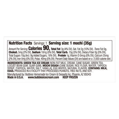 Bubbies Hawaii Green Tea Mochi Ice Cream Individually Wrapped 1ct