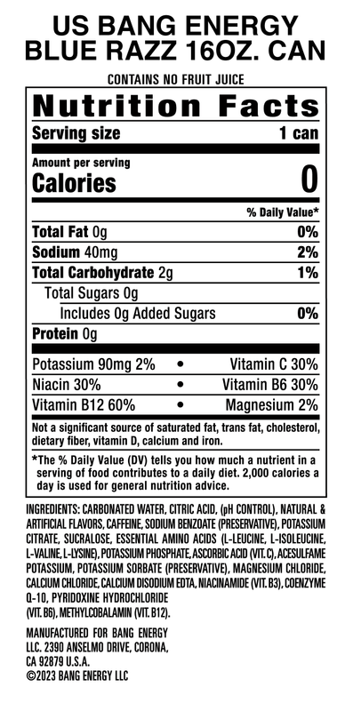 Bang Energy Blue Razz Drink 16oz Can