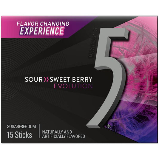 5 GUM Evolution Sour to Sweet Berry Sugar Free Chewing Gum, 15-Stick Pack