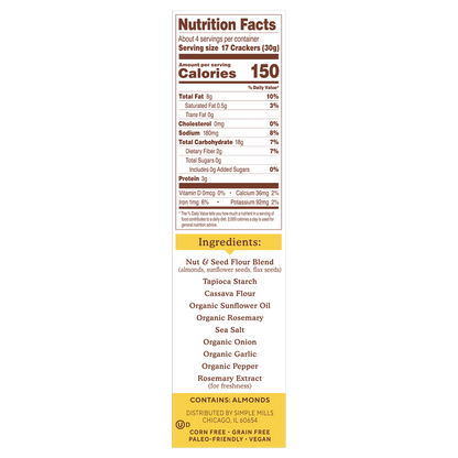 Simple Mills Rosemary & Sea Salt Almond Flour Crackers 4.25oz
