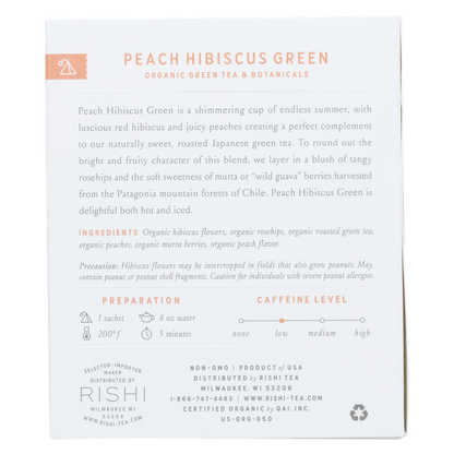 Rishi Tea Organic Peach Hibiscus Green Tea Sachets 15ct Box