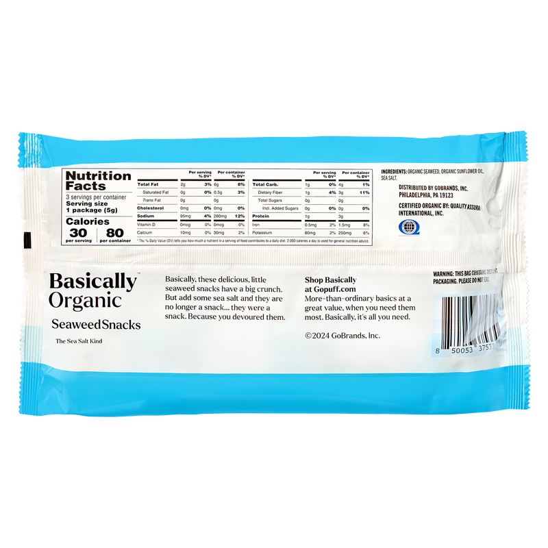 Basically Organic Sea Salt Seaweed Snacks, 3 pack