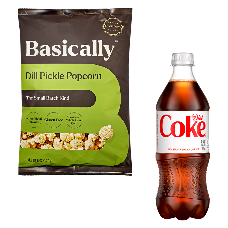 Diet Coke 20oz + Basically Premium Dill Pickle Small Batch Popcorn 6oz Bundle
