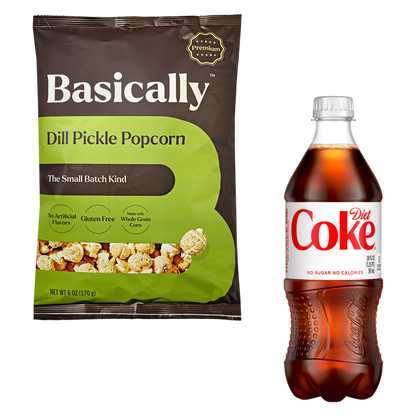 Diet Coke 20oz + Basically Premium Dill Pickle Small Batch Popcorn 6oz Bundle
