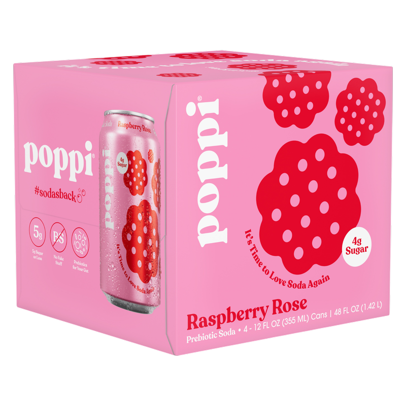 Poppi Prebiotic Soda Raspberry Rose 4pk 12oz Can- XL