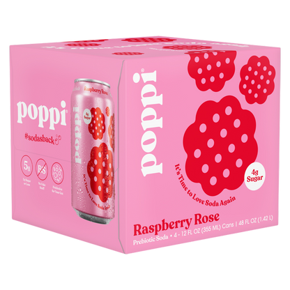 Poppi Prebiotic Soda Raspberry Rose 4pk 12oz Can- XL