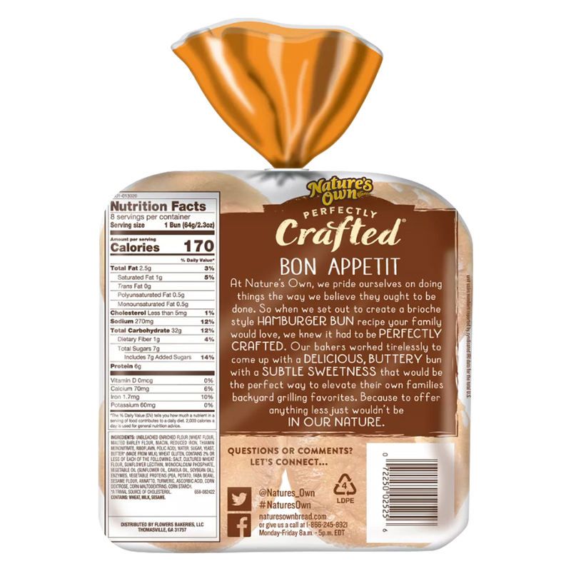 Nature's Own Perfectly Crafted Frozen Brioche Style Hamburger Buns - 8ct/18oz