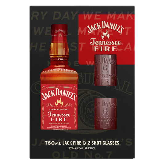 Jack Daniels Tennessee Fire Whiskey 2 Shot Glasses Gift Set 750 Ml