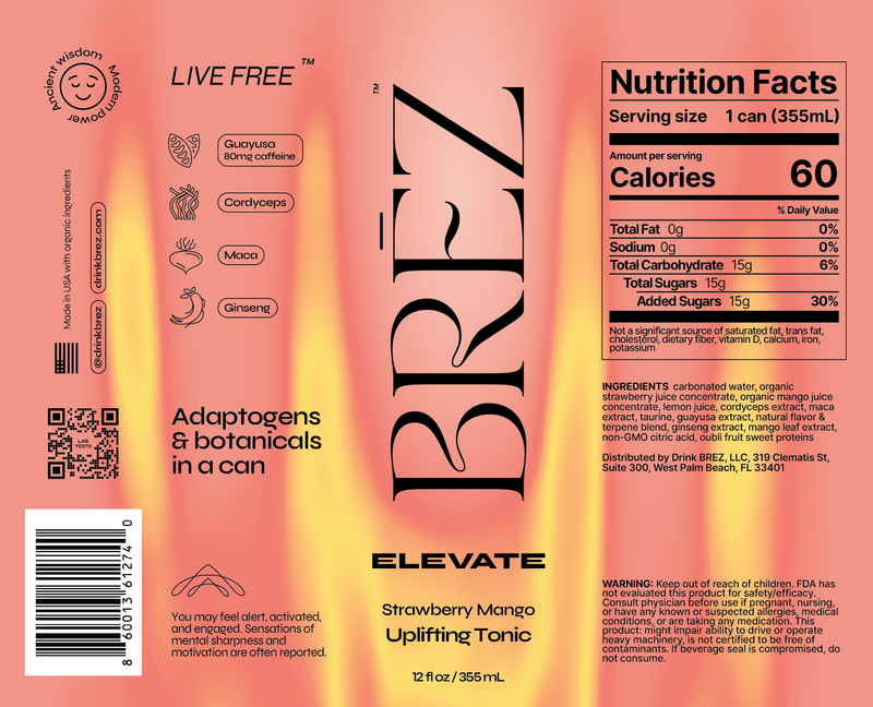 Brez Elevate Cordyceps & Guayusa Uplifting Tonic 8pk 12oz Can Strawberry Mango