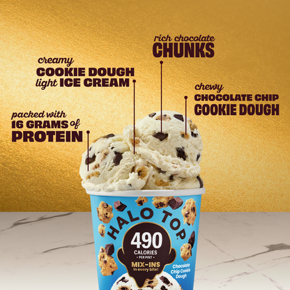 Halo Top Chocolate Chip Cookie Dough Light Ice Cream, Lower Calorie Frozen Dessert Pint, 16 fl oz