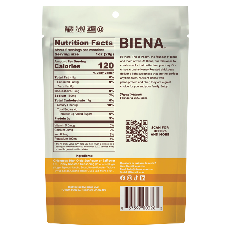 Biena Honey Roasted Chickpea Snacks 5oz
