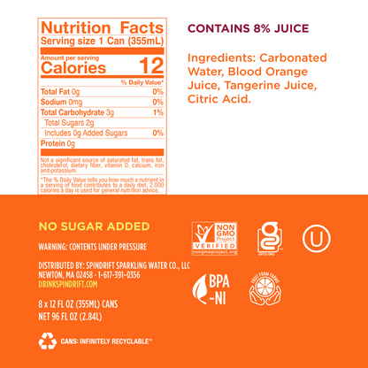 Spindrift Blood Orange Tangerine Sparkling Water 8pk 12oz Can