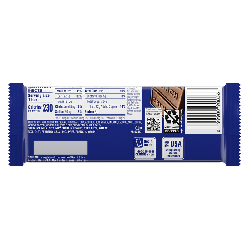 CRUNCH Milk Chocolate and Crisped Rice Full Size Candy Bar, 1.55 oz