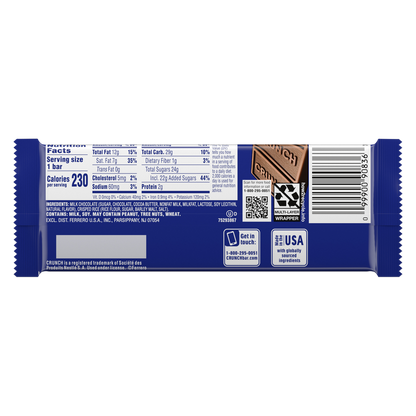 CRUNCH Milk Chocolate and Crisped Rice Full Size Candy Bar, 1.55 oz