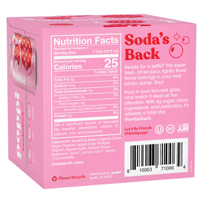 Poppi Prebiotic Soda Raspberry Rose 4pk 12oz Can- XL