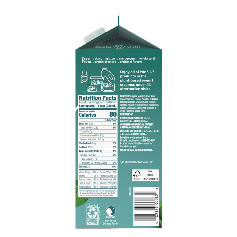 Silk Organic Unsweet Soy Milk 1/2 Gallon