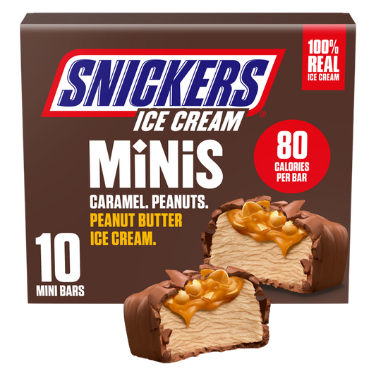 SNICKERS Ice Cream Minis, Milk Chocolatey Caramel Peanut Butter Ice Cream Bars, 10ct