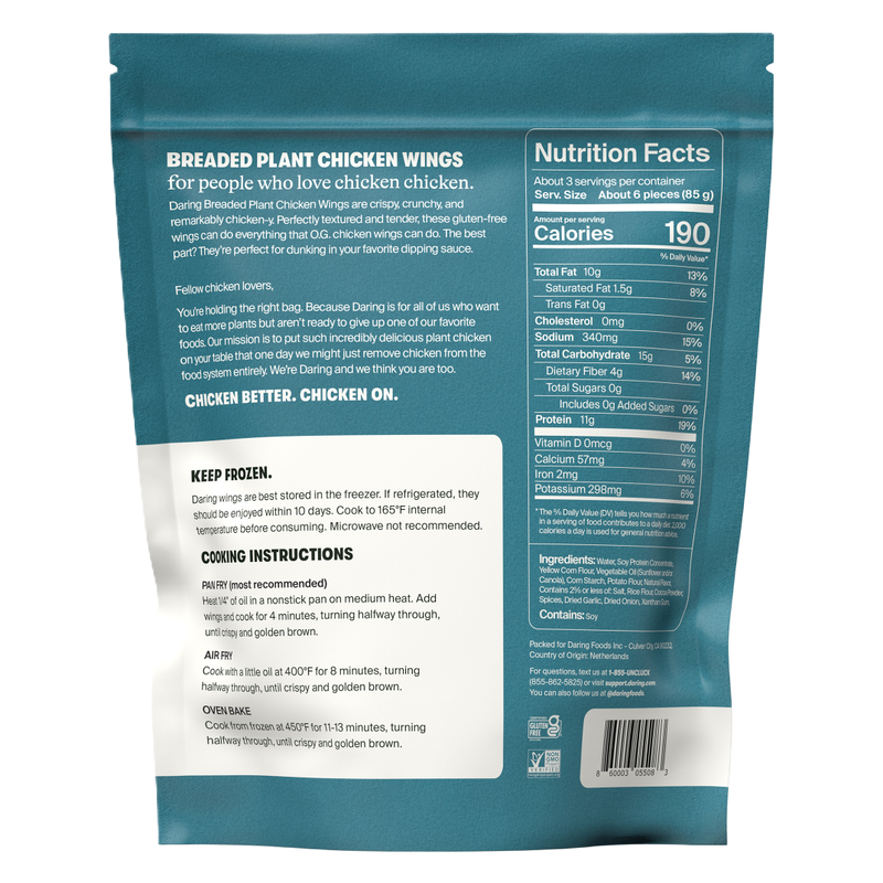 Daring Breaded Plant-Based Chicken Wings, Gluten-Free, 8oz