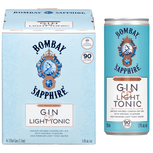 Bombay Sapphire Gin & Light Tonic 4pk 250ml Cans 5.9% ABV