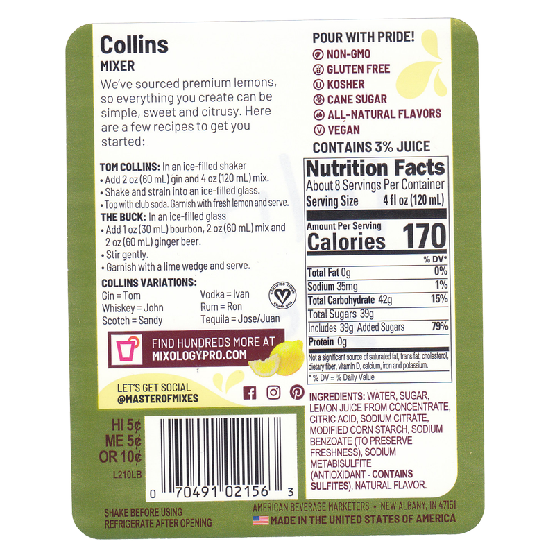 Master of Mixes Tom Collins 1L Btl