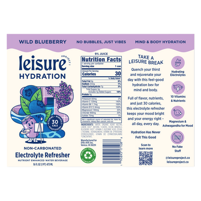 Leisure Hydration Wild Blueberry Electrolyte Refresher 16oz Can