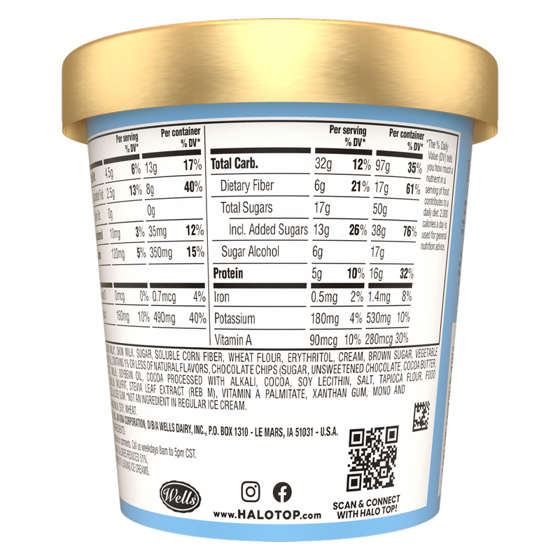 Halo Top Chocolate Chip Cookie Dough Light Ice Cream, Lower Calorie Frozen Dessert Pint, 16 fl oz
