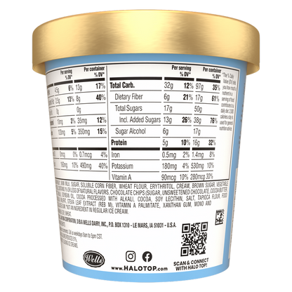 Halo Top Chocolate Chip Cookie Dough Light Ice Cream, Lower Calorie Frozen Dessert Pint, 16 fl oz