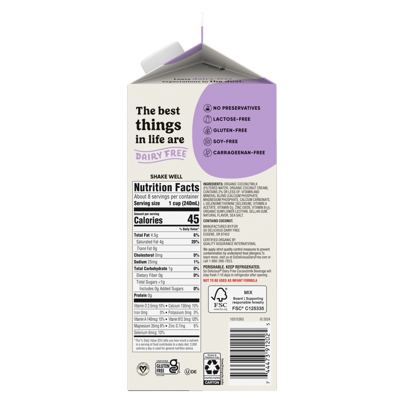So Delicious Organic Unsweetened Vanilla Coconut Milk 64oz