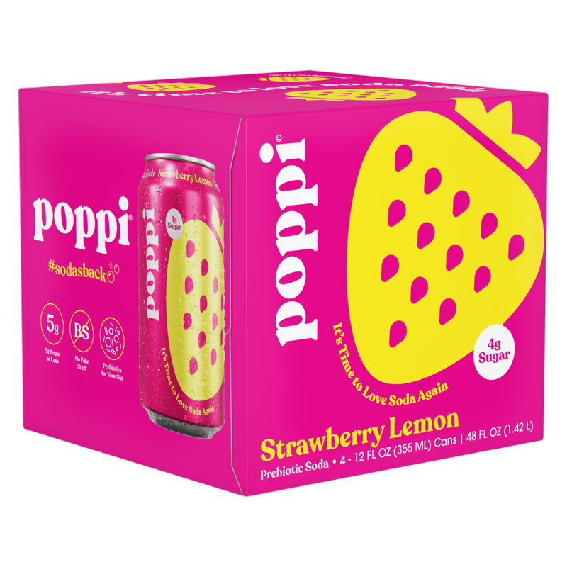 Poppi Prebiotic Soda Strawberry Lemon 4pk 12oz Can- XL