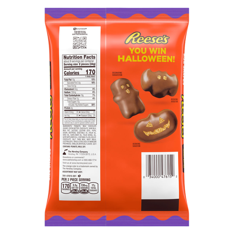 REESE'S Assorted Milk Chocolate Snack Size Peanut Butter Shapes, Halloween Candy Variety Bag, 9 oz