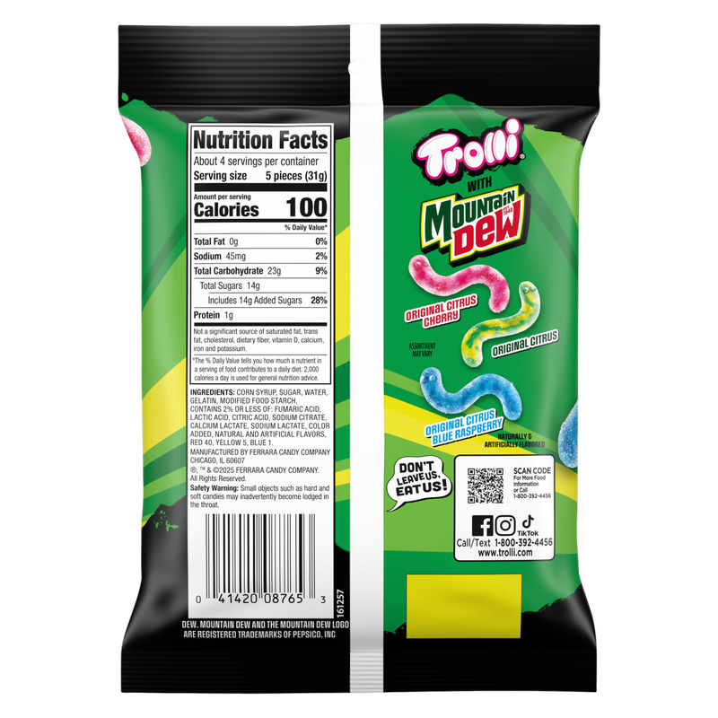 Trolli x Mountain Dew Sour Brite Crawlers Gummy Worm Candy, 4.25 oz
