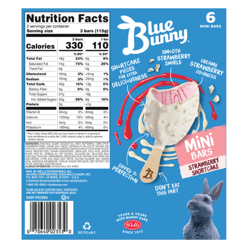 Blue Bunny Mini Bars Strawberry Shortcake, Frozen Dessert, 6 Pack