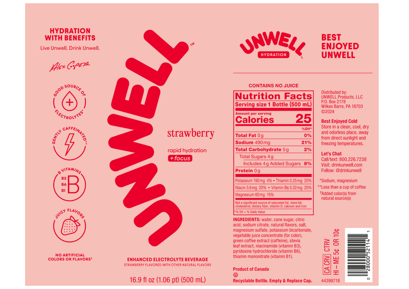 Unwell Strawberry Hydration Drink 16.9oz Btl